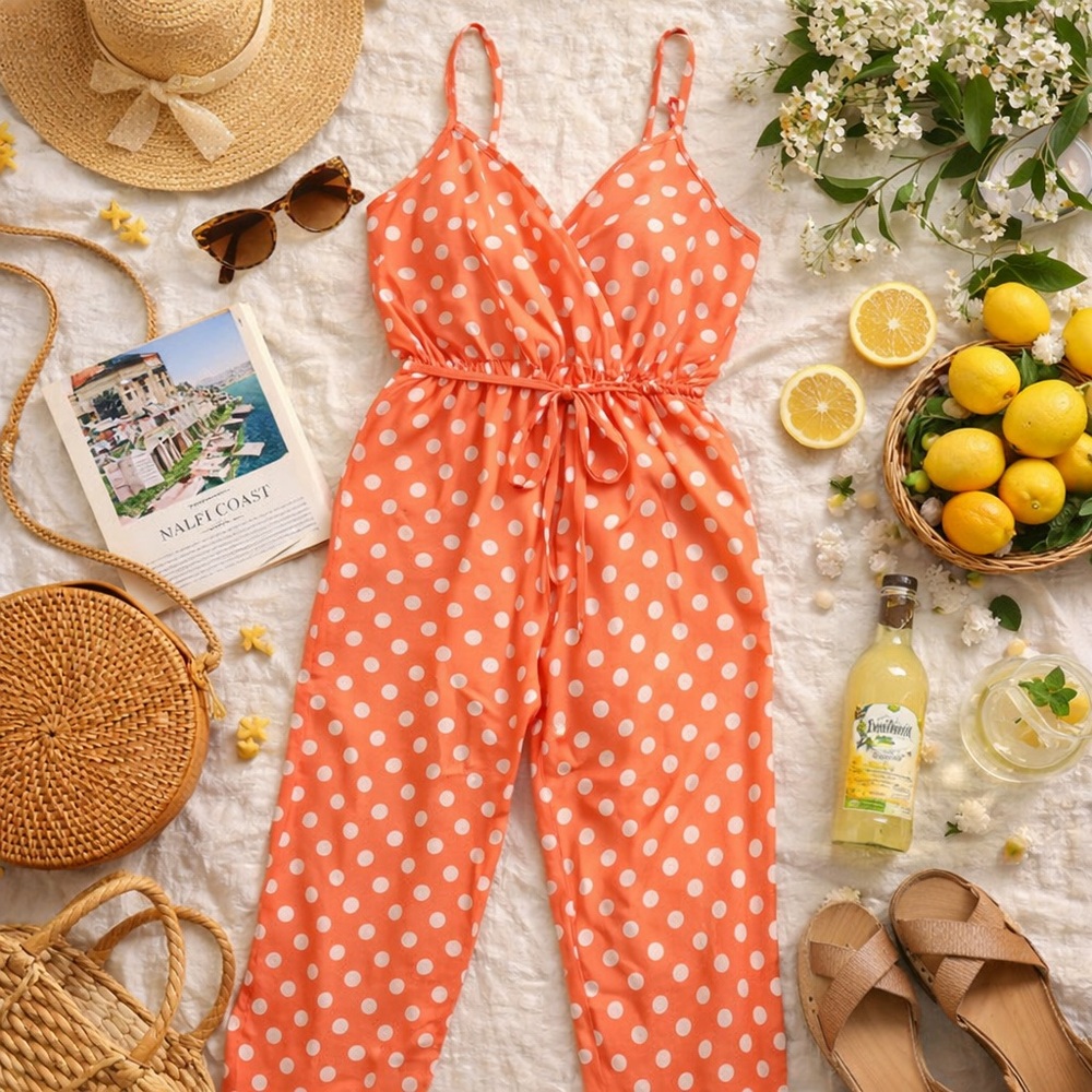 Emery Rose Orange Polka Dot Jumpsuit 0XL Sleeveless Tie Waist Summer Romper